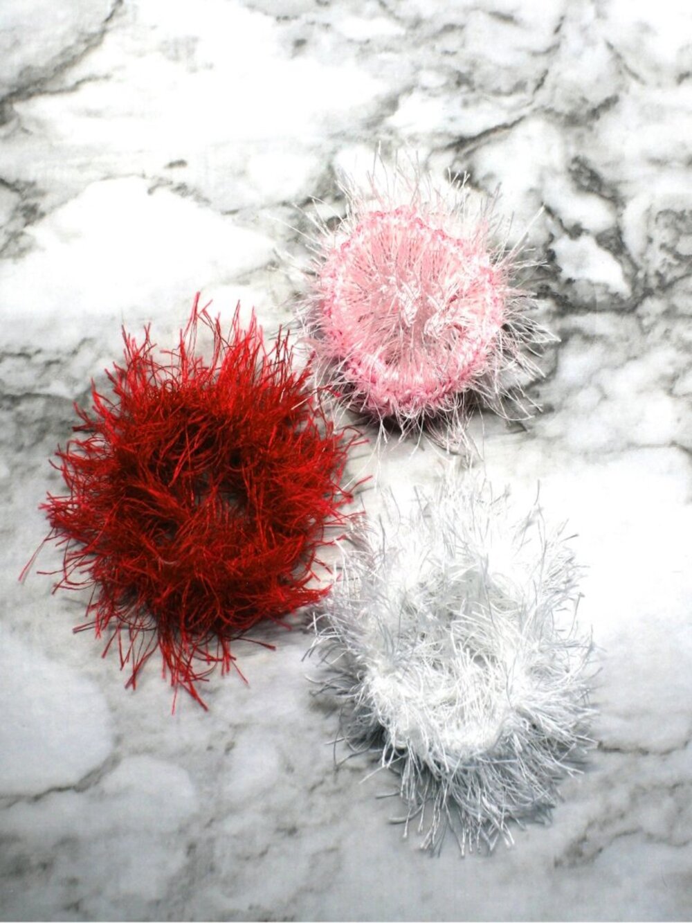 HAND CRAFTED Crochet Scrunchy Hair Valentine's Day Set of 3 Fuzzy Eyelash Yarn